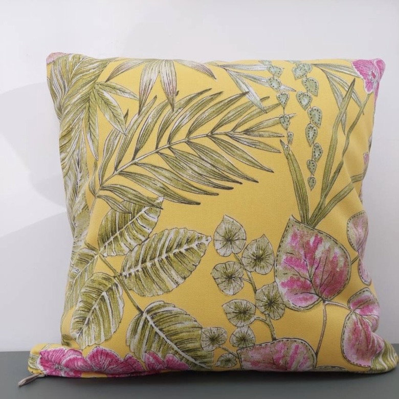 Yellow pink green botanical water resistant outdoor cushion by PrettyRoseHomeDecor