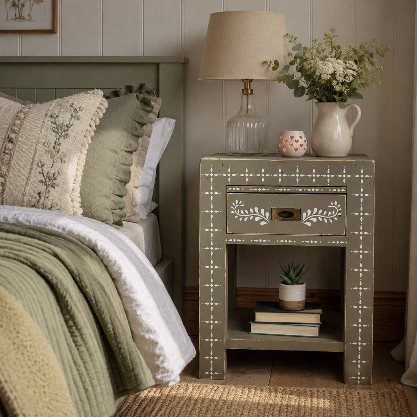 Handmade unique bedroom side tables by CherubsChalksUK — rustic green painted pine bedside with folk art detailing