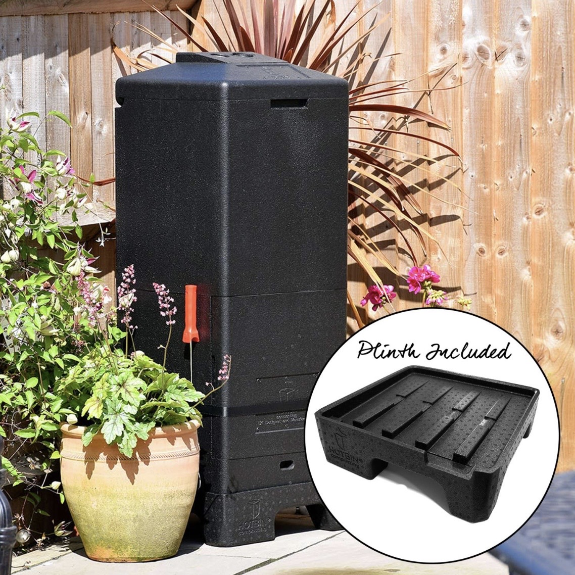 HOTBIN Mini composter on patio surrounded by lavender and garden beds
