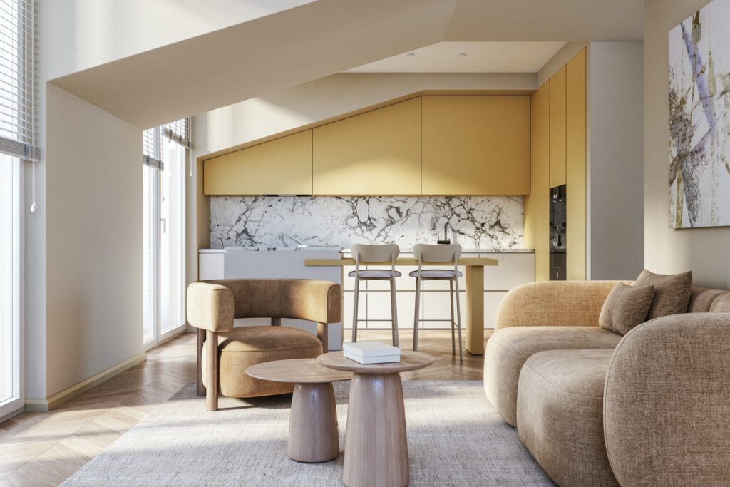 Modern open-plan kitchen with soft mustard yellow cabinets, marble splashback, warm neutral furniture and minimalist styling