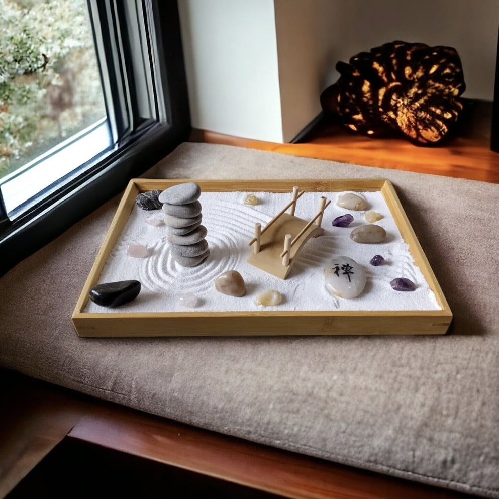Japanese zen garden kit with bamboo tray, stones, sand and rake