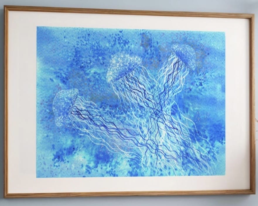 Blue jellyfish watercolour painting by WatercoloursbyJosie