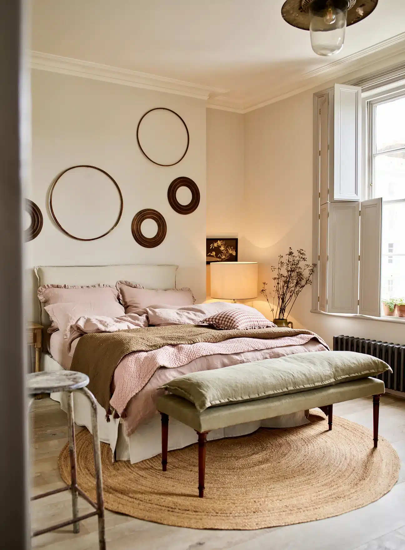 Bedroom Ideas Bedroom ideas feature rowen wren Rowen and Wren bedroom with layered pink linen, sage bench, and round mirrors