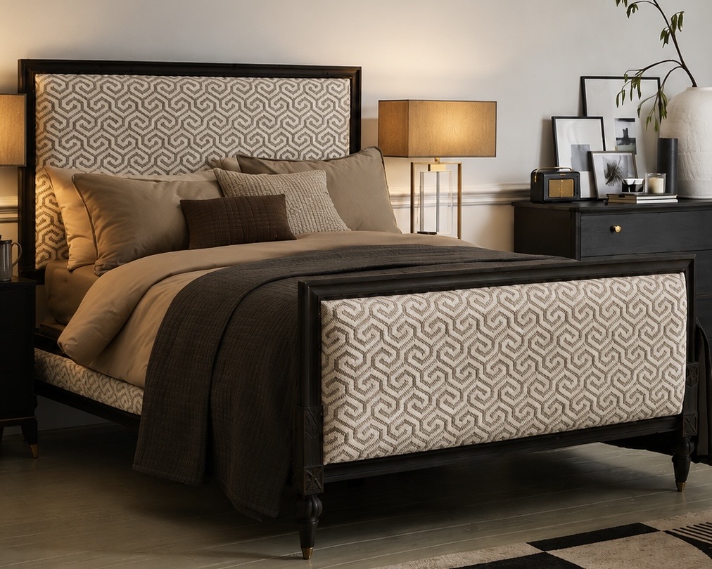 And So To Bed Romeo Bed with geometric upholstered headboard in beige and black bedroom