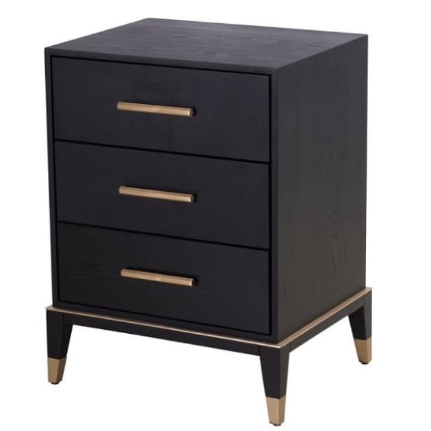 And So To Bed Isaac 3 Drawer Bedside Table in black ash veneer with brass handles