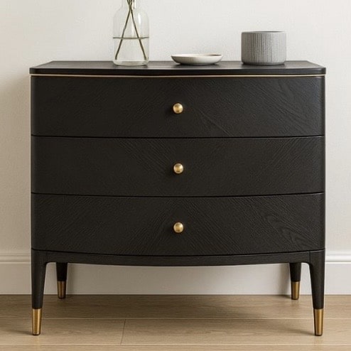And So To Bed Bernstein 3 Drawer Chest of Drawers in black with brass knobs