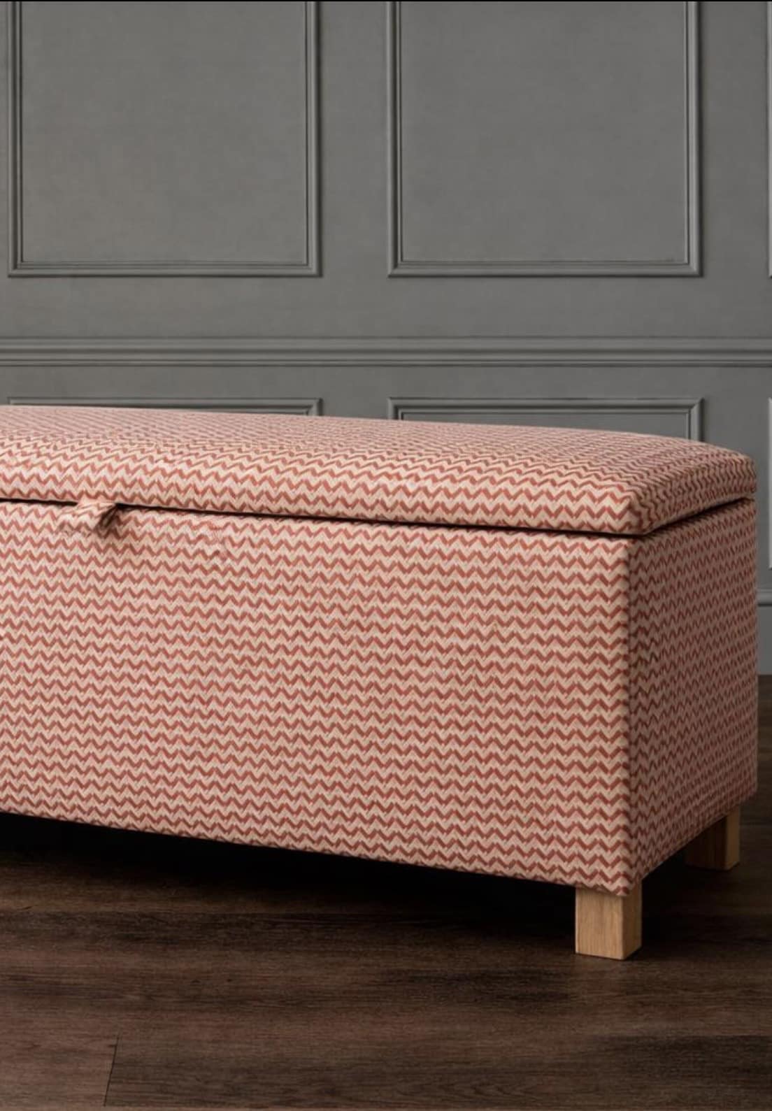 Spice pink upholstered storage ottoman by Sparrow and Plumb