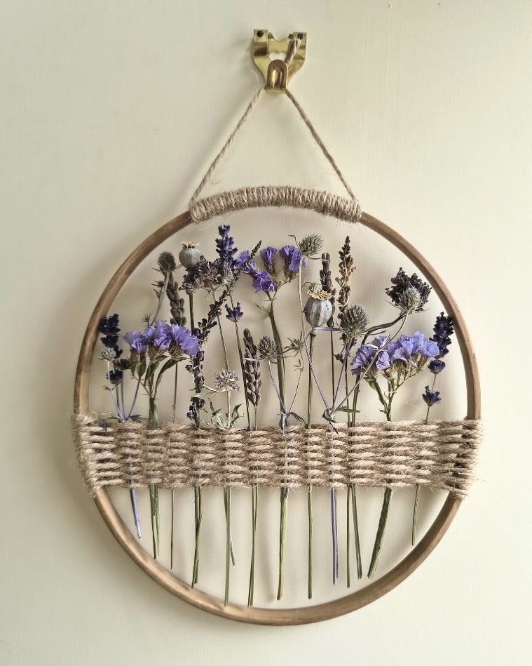 Dried flower circular wall hanging with lavender and wildflowers by FergOfTheFens