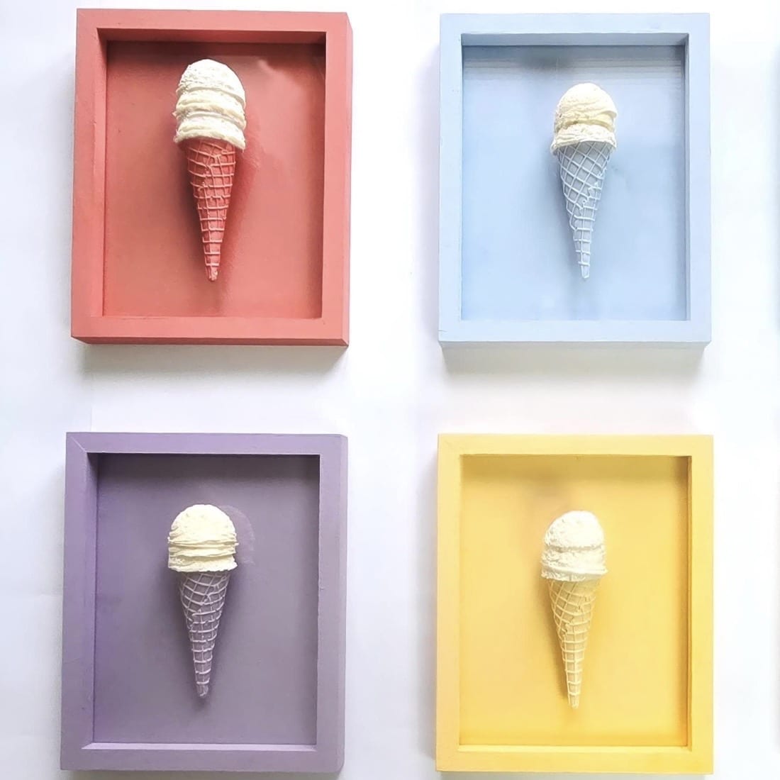 Handmade pastel resin ice cream cone wall art in coloured shadow boxes by BubblegumgirlDesigns