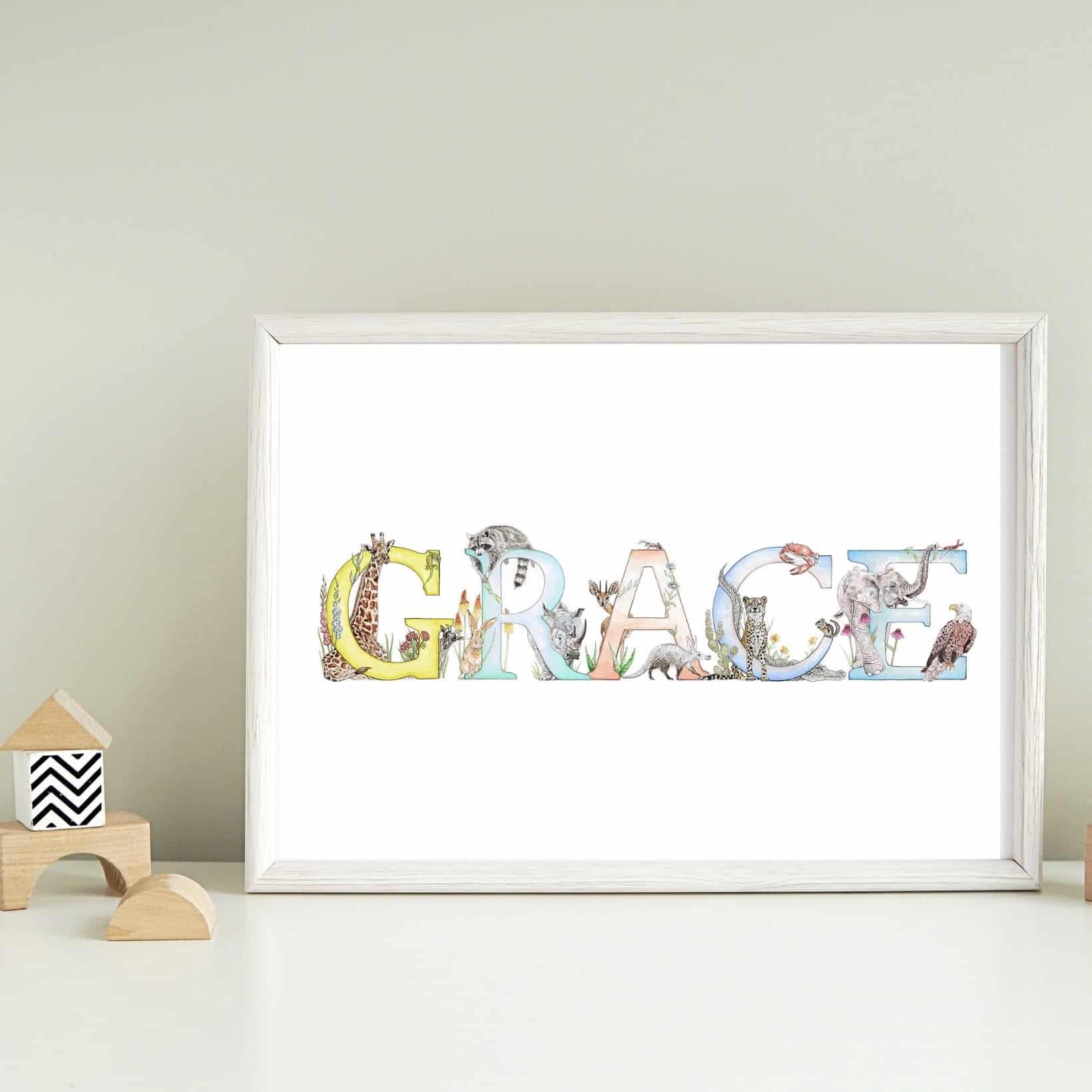 Personalised name print wall art for girls bedroom