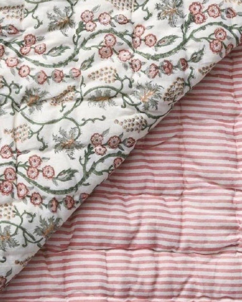 Indian block print pink and green quilt by WillaandBuddy
