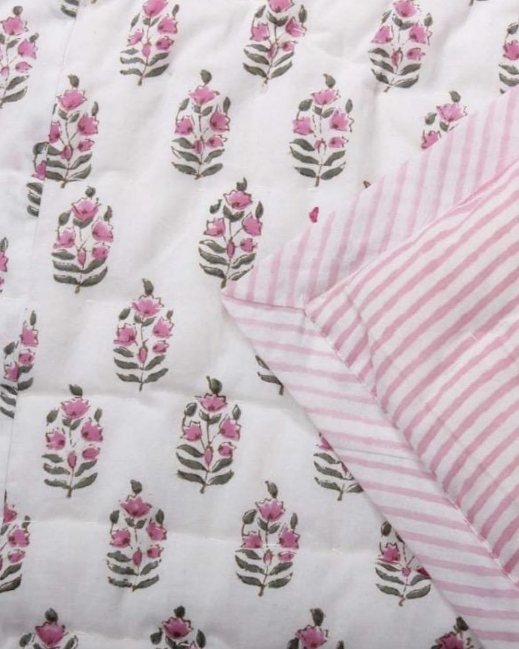 Pink block print reversible quilt