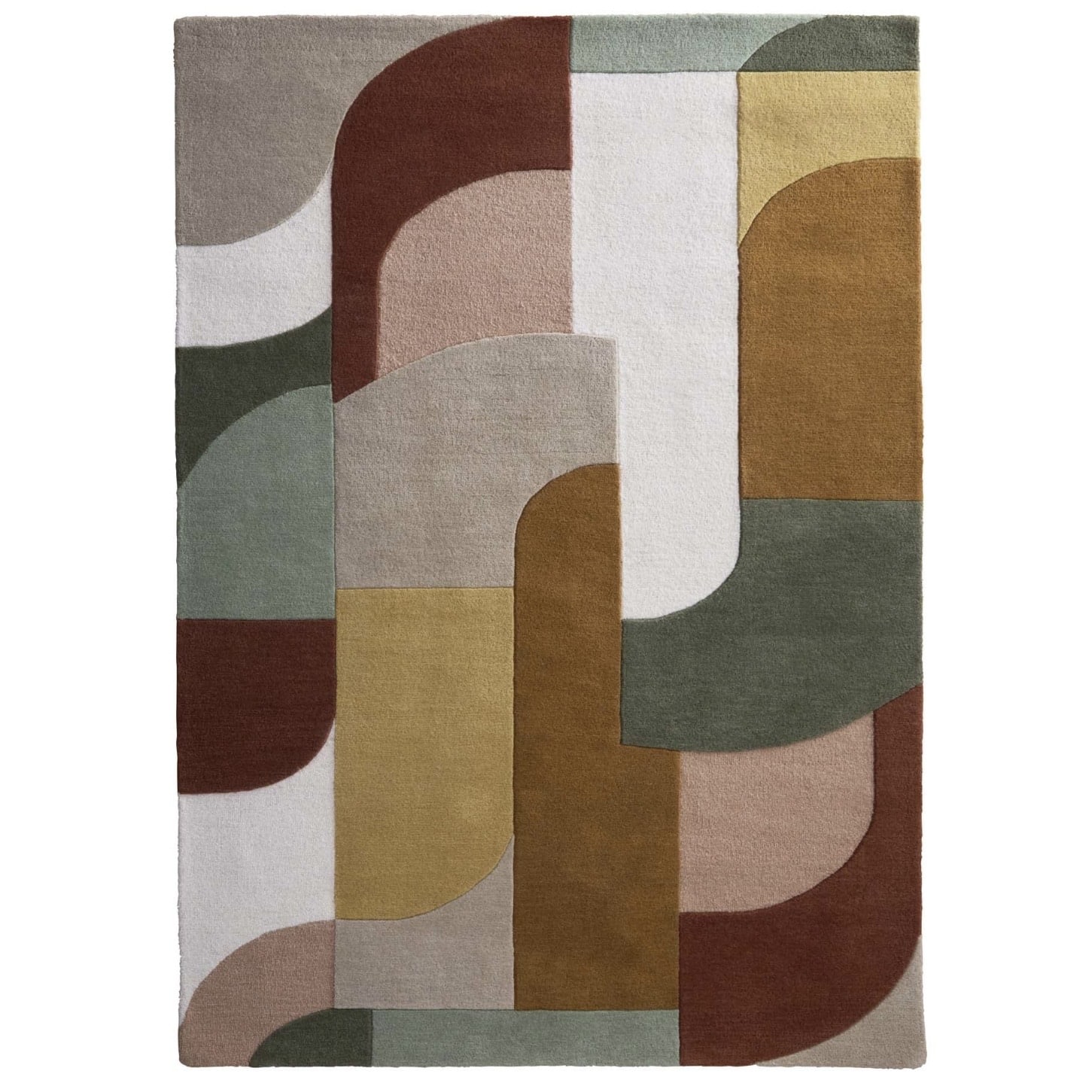 HugRug Retro Deco Tan geometric rug in terracotta olive and mustard