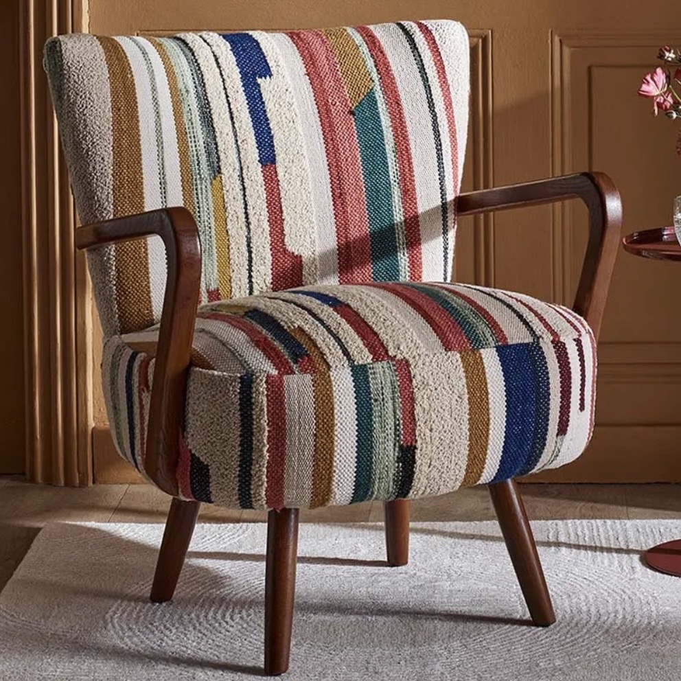 Calvin striped woven rag rug armchair in multicolour — mid-century accent chair for a tan leather sofa living room