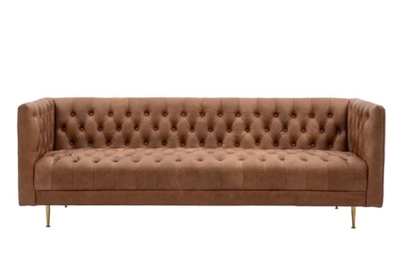 Rockett St George Chesterfield antique brown leather 3-seater sofa — tufted tan leather chesterfield for a living room