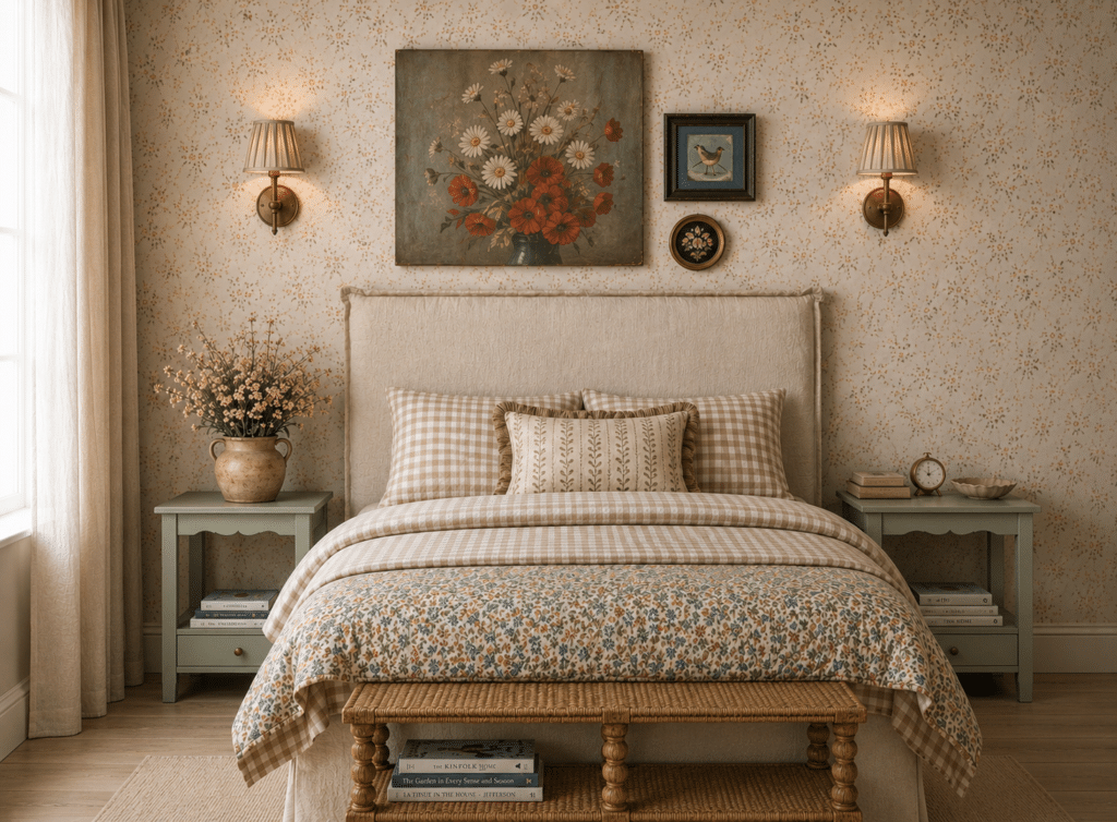Neutral cottage bedroom with floral wallpaper, upholstered headboard, gingham bedding and sage green nightstands