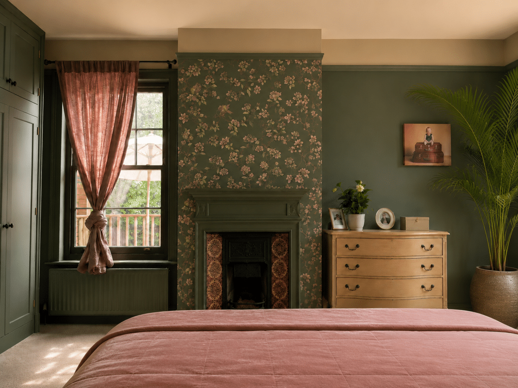 Green floral wallpaper on chimney breast with pink curtains and bedspread in bedroom