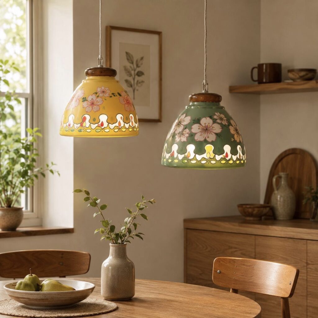 Two hand-painted ceramic pendant lights in mustard yellow and sage green with floral detailing, hanging over a wooden dining table
