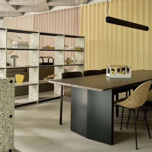 Normann Copenhagen Pap Bookcase, a low designer bookcase with terrazzo-effect open shelving