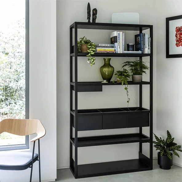 Case Furniture Lap Shelving in oak and white, a tall designer bookcase with library-style open shelving