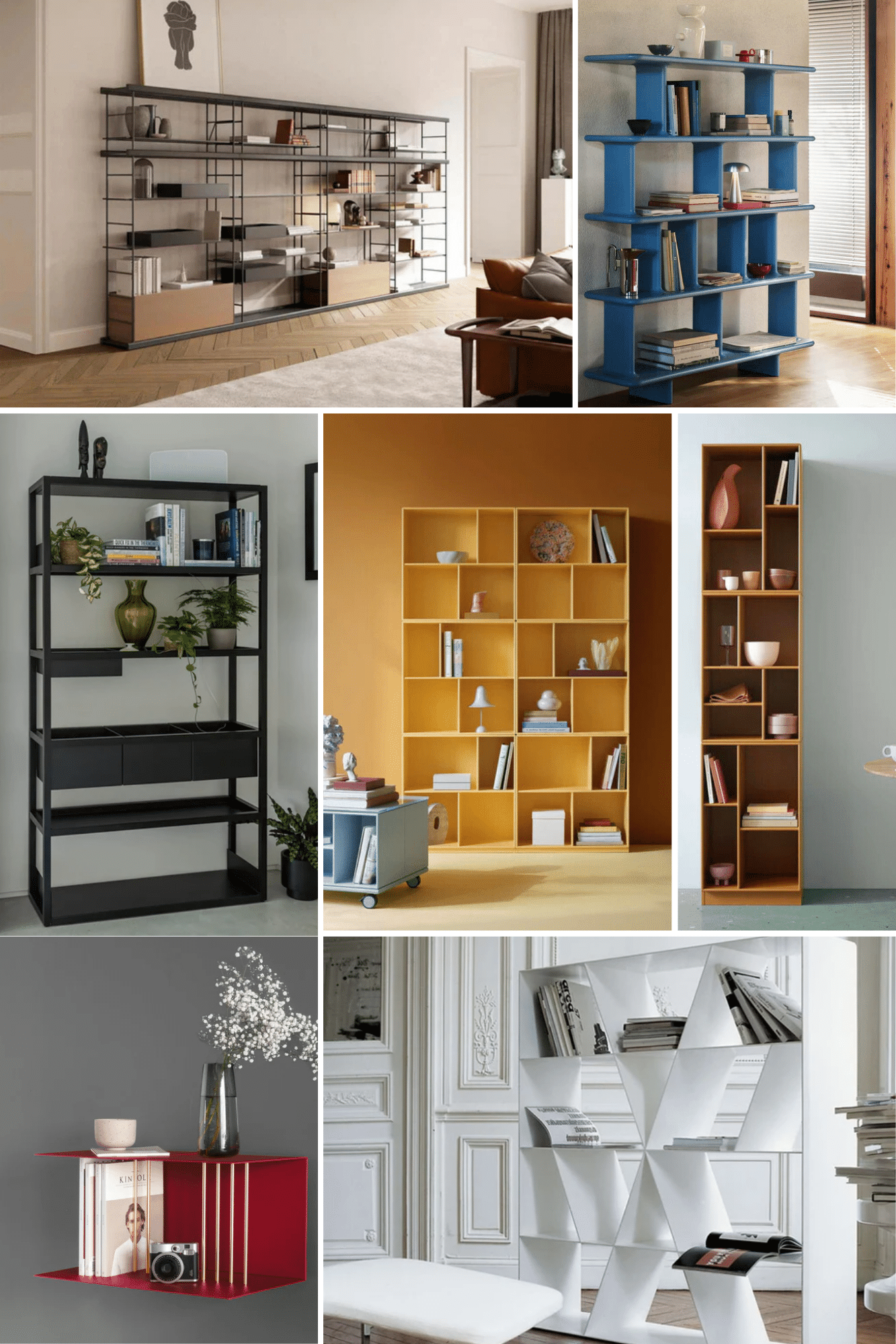 Designer bookcases UK edit featuring modern designer bookcases for living rooms and a designer office bookcase look