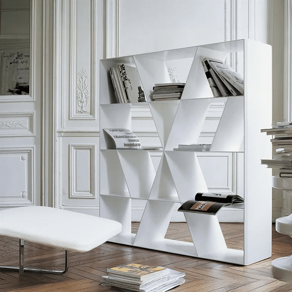 B&B Italia Shelf X Bookcase in white, a sculptural designer bookcase with angular geometric shelving