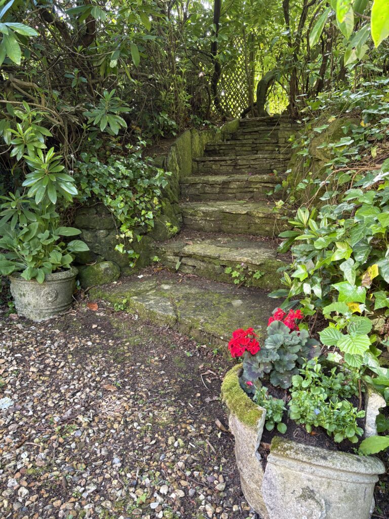 Garden Path Ideas Garden path ideas pots Mossy stone garden steps through a shaded, planted slope with stone pots, garden path ideas