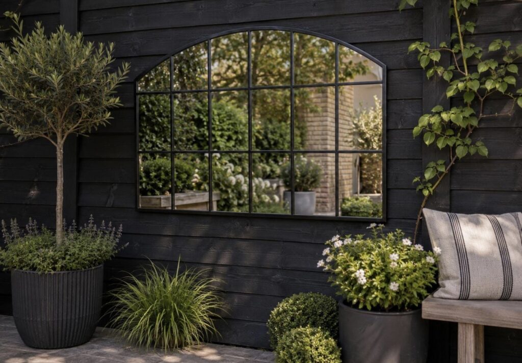 Large black metal arched window mirror mounted on dark timber cladding