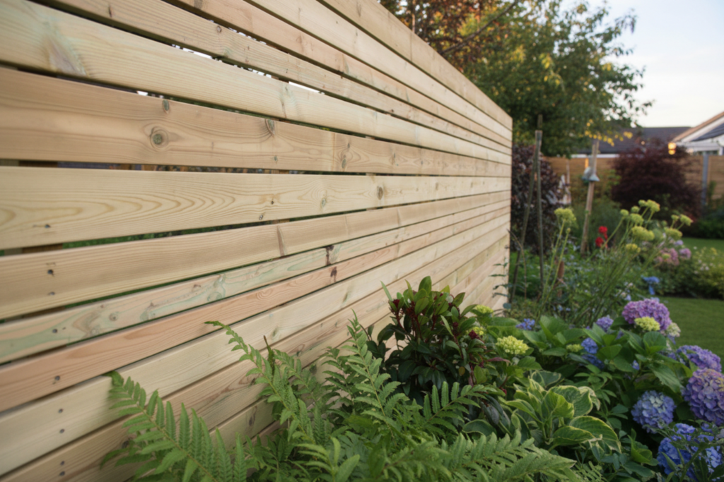 Pale timber slat fence panels running horizontally in a garden