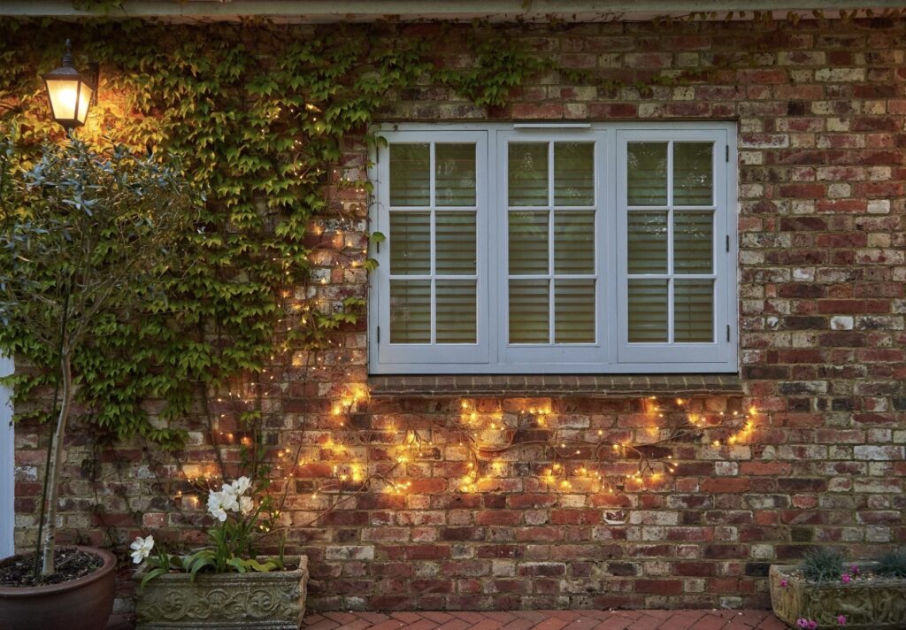 Solar-powered ivy branch lights strung across a brick wall at dusk