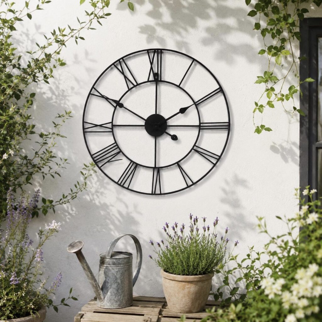 Black metal skeleton wall clock with Roman numerals on a garden wall