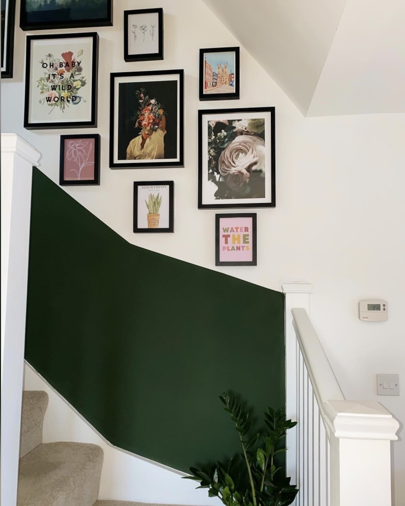 Duck Green staircase paint, half-height painted hallway gallery wall