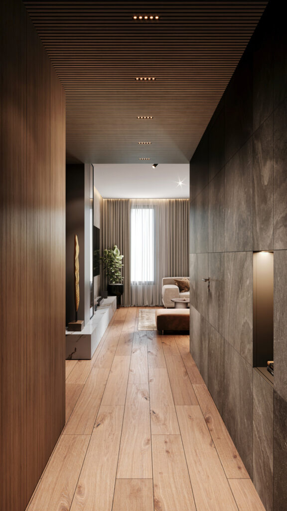 Modern hallway with slatted wood panelling and dark stone wall