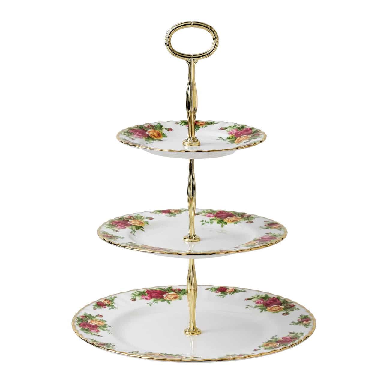 Royal Albert Old Country Roses three tier cake stand with gold stem and rose-edged plates