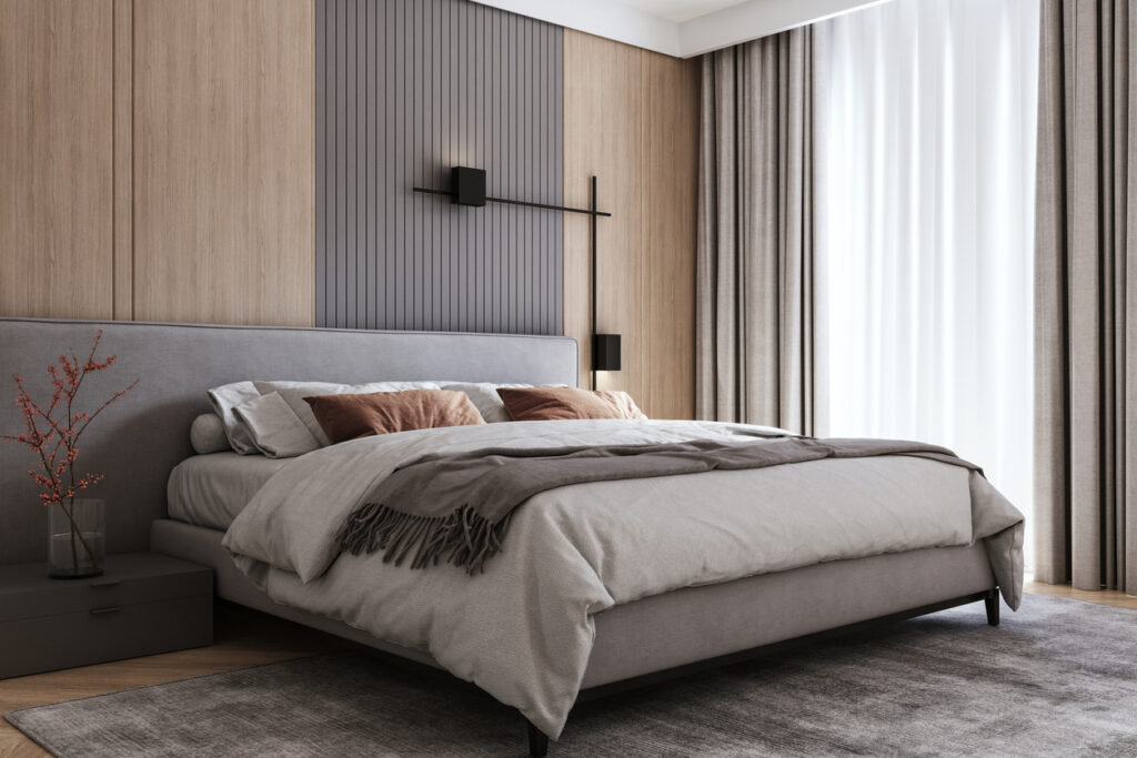 cream and grey bedroom with oak panelling