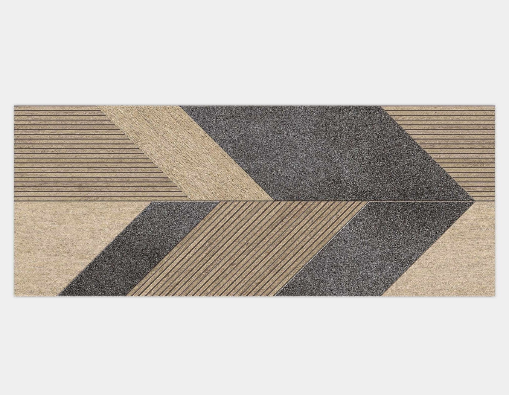 Stone 3D Arce chevron tile in charcoal and oak tones