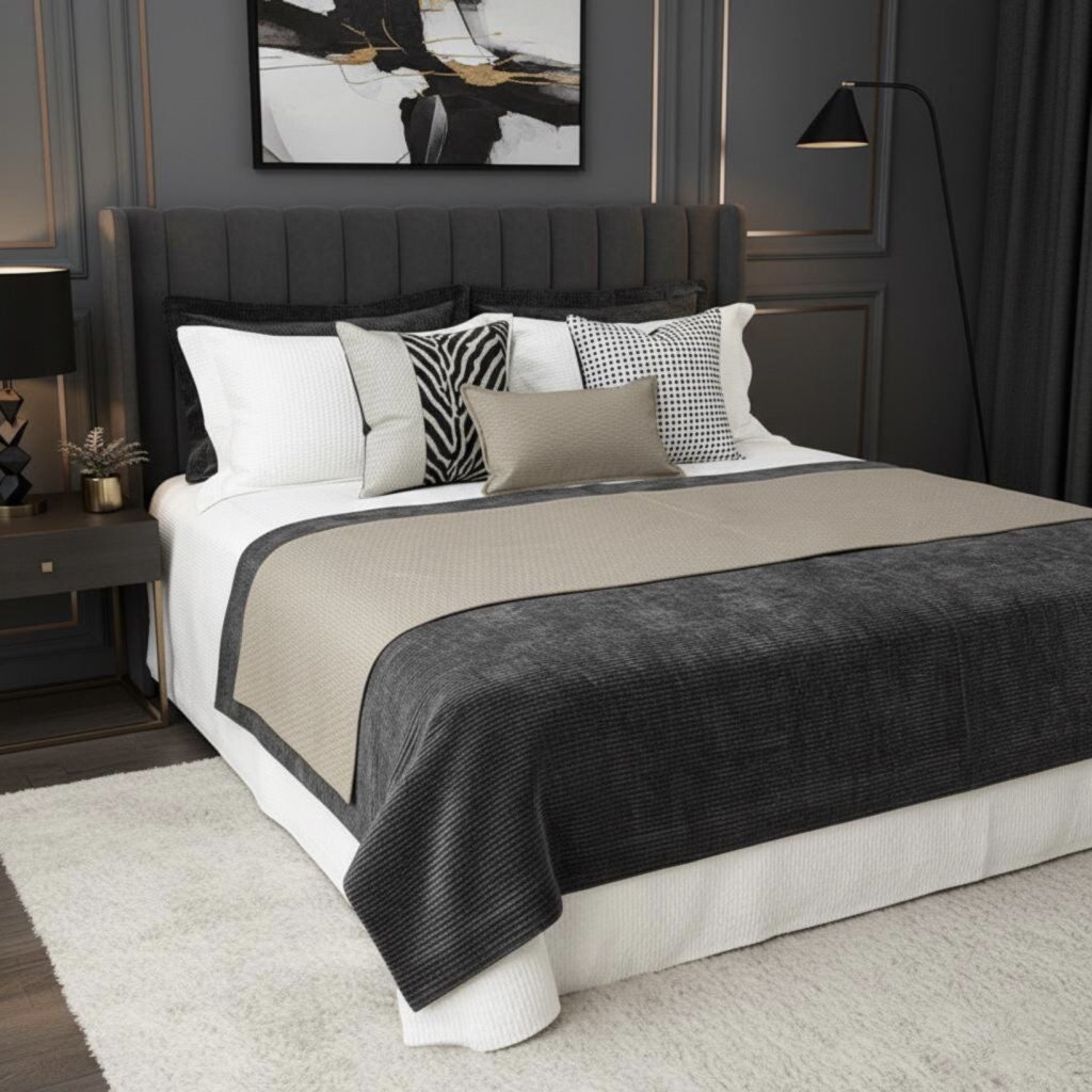 grey and black bedroom with zebra print cushions