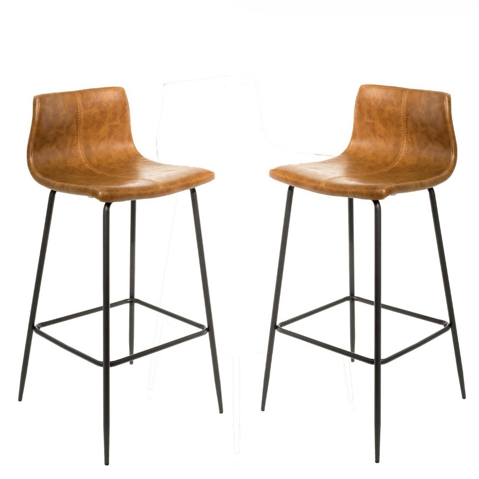 Pair of tan bar stools with low curved backs on slim black metal legs