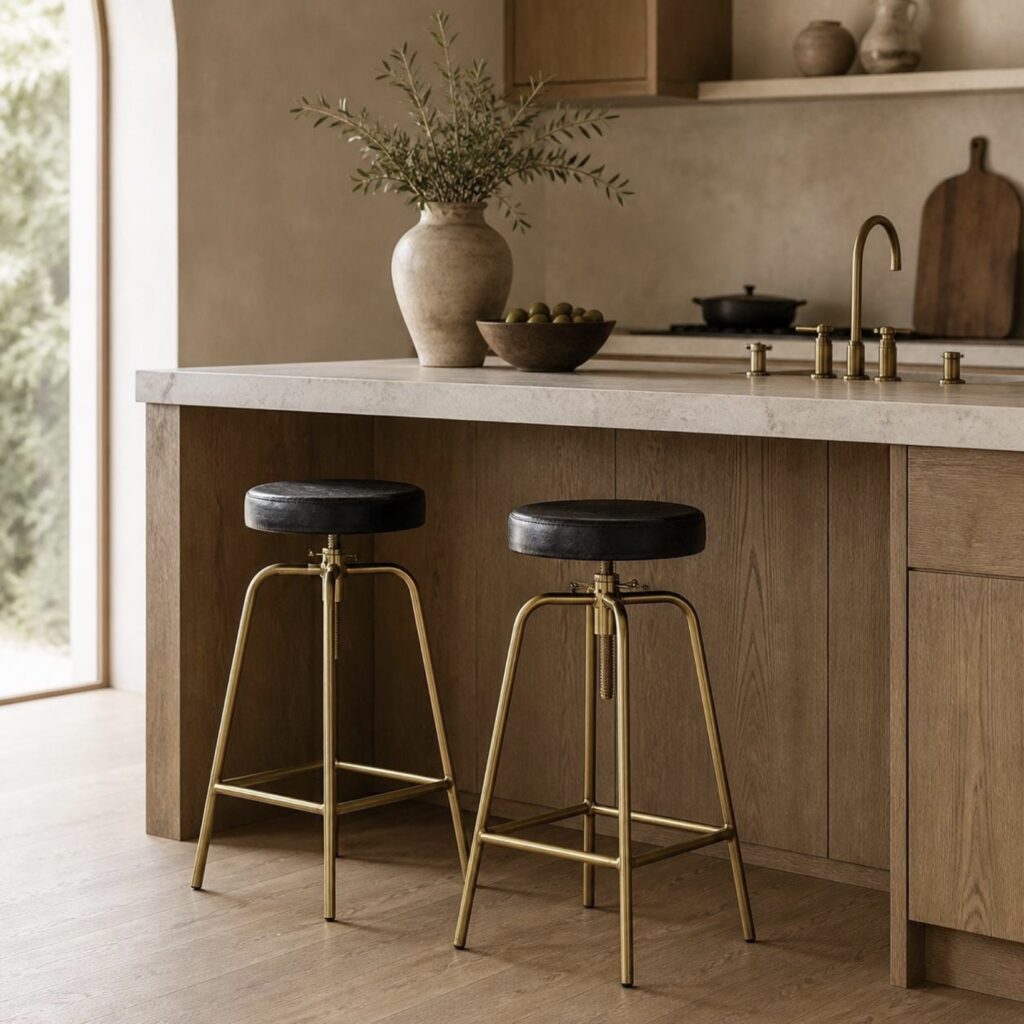 Two adjustable bar stools with black leather seats on antique brass frames at an oak island