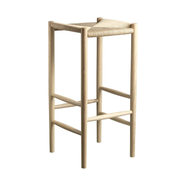 Backless oak bar stool with a woven paper cord seat and turned legs