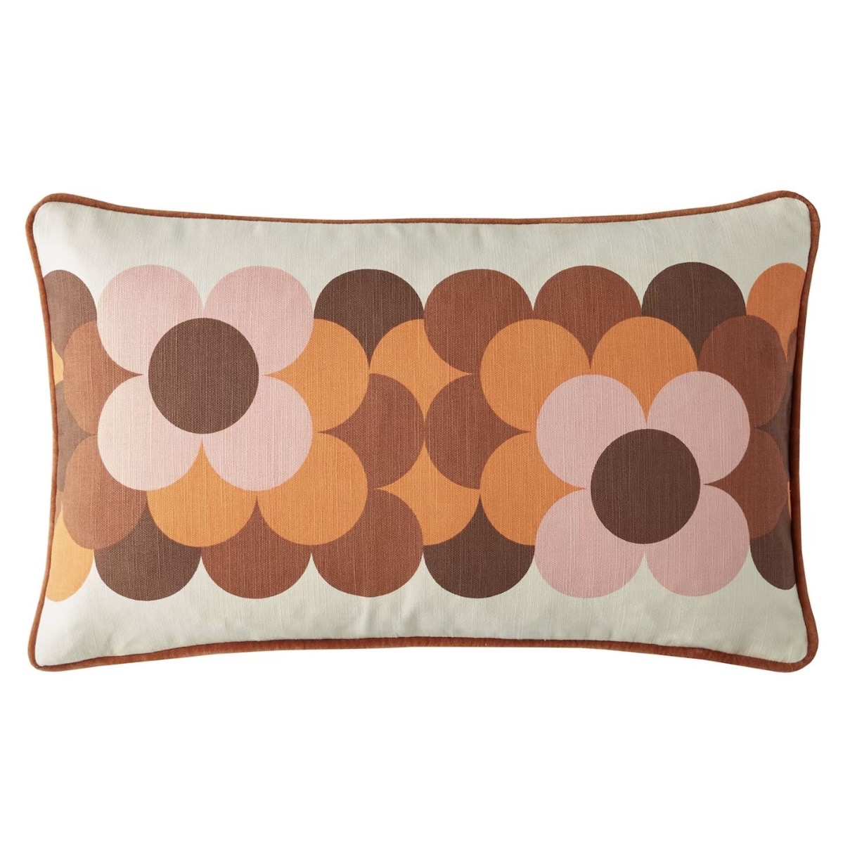 Orla Kiely retro flower cushion in orange, pink and brown