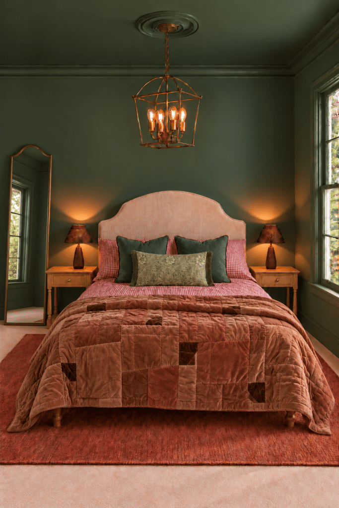A dark green bedroom idea with colour-drenched walls and ceiling, a beige upholstered headboard, rust velvet patchwork quilt and pink gingham bedding