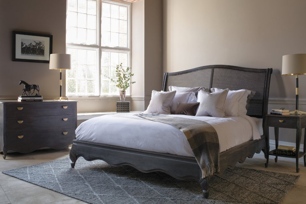dark grey caned bed for grey bedroom
