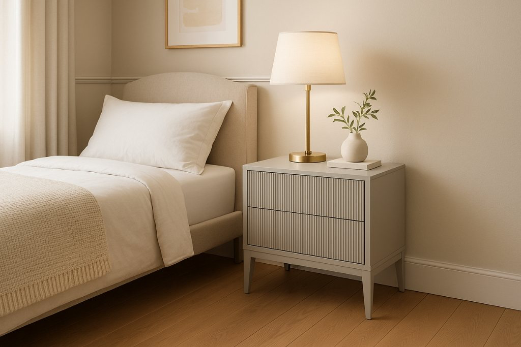 Debussy bedside table in beige and grey bedroom