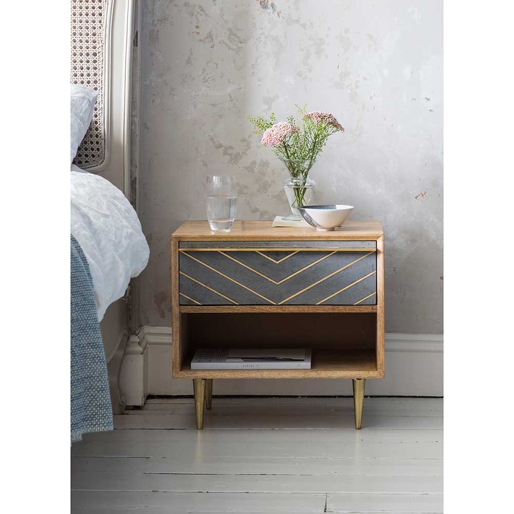 grey bedside table with brass detail