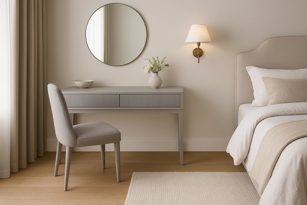 grey dressing table and chair in beige and grey bedroom