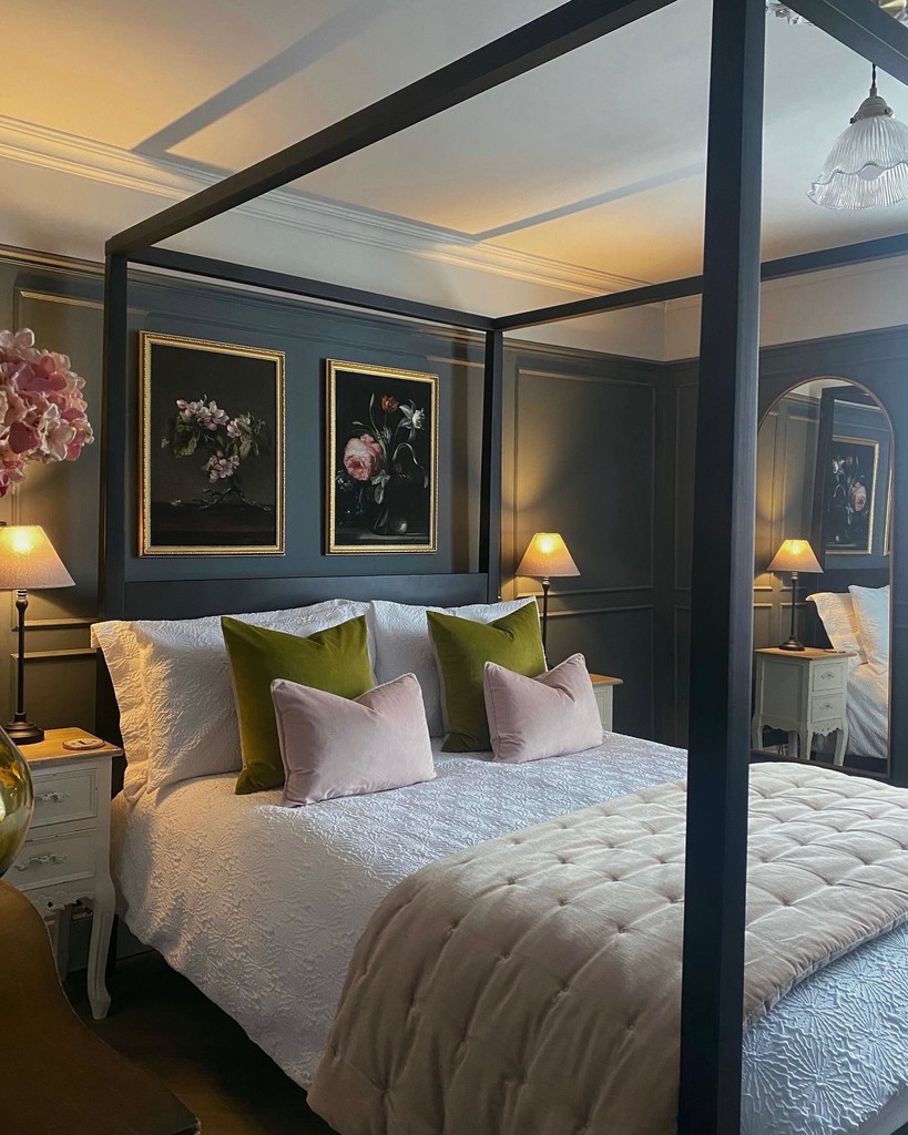 grey and white bedroom with four-poster bed and Down Pipe painted walls