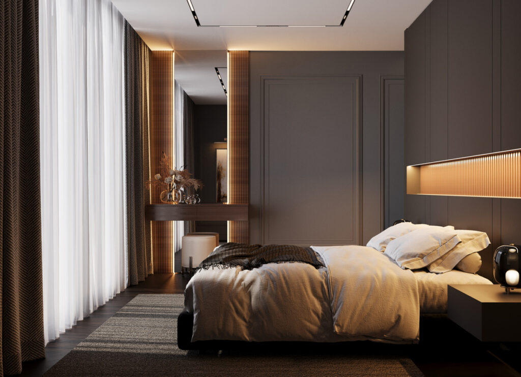 modern grey bedroom ideas with panelled walls and warm lighting