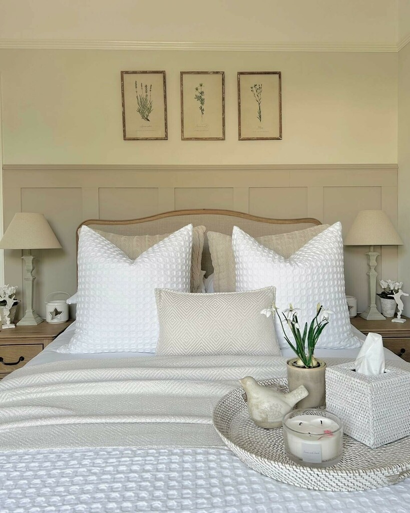 beige and grey bedroom with white waffle bedding