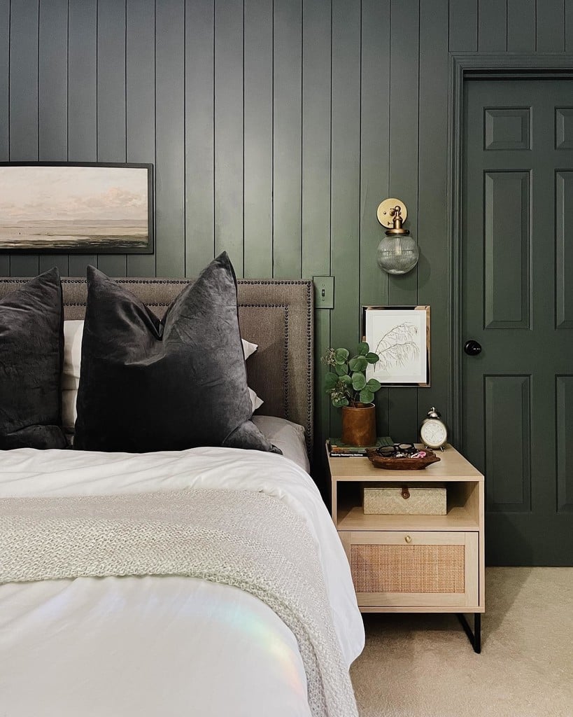 Dark grey bedroom with painted wall panelling